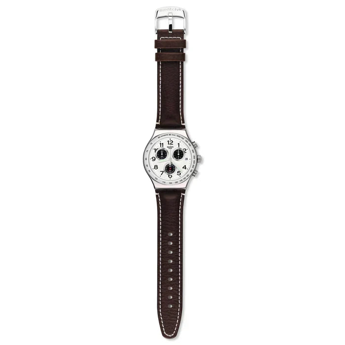 SWATCH YVS432 BROWN LEATHER BAND WHITE DIAL FOR MEN