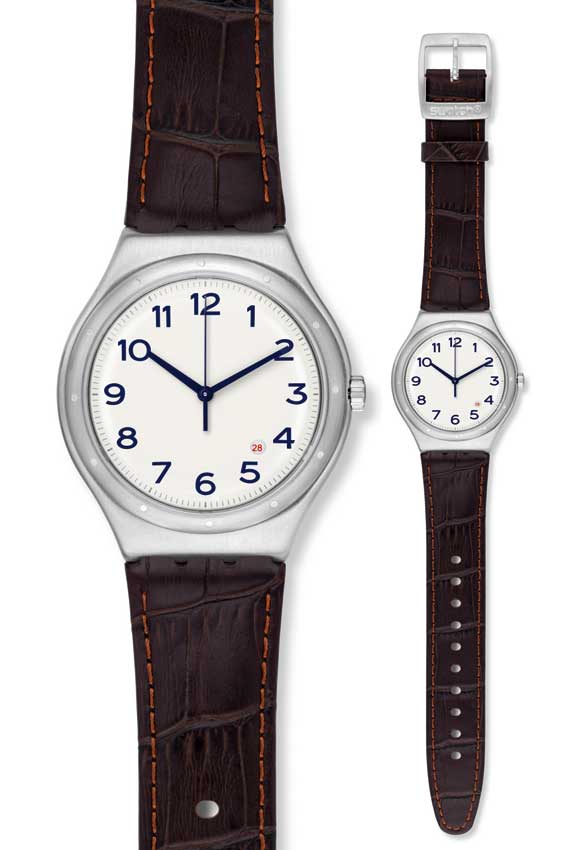 SWATCH YWS416 BROWN LEATHER BAND WHITE DIAL FOR MEN