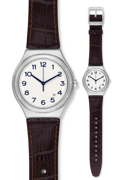 SWATCH YWS416 BROWN LEATHER BAND WHITE DIAL FOR MEN