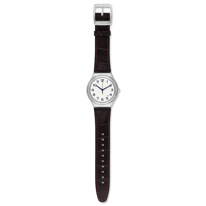 SWATCH YWS416 BROWN LEATHER BAND WHITE DIAL FOR MEN