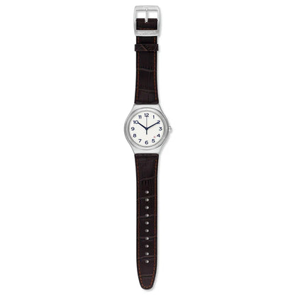 SWATCH YWS416 BROWN LEATHER BAND WHITE DIAL FOR MEN