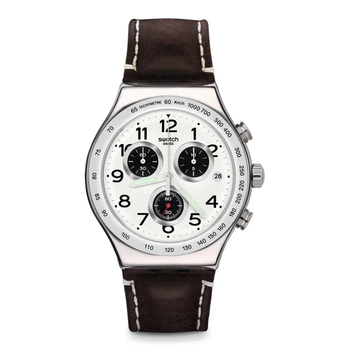 SWATCH YVS432 BROWN LEATHER BAND WHITE DIAL FOR MEN