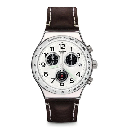 SWATCH YVS432 BROWN LEATHER BAND WHITE DIAL FOR MEN