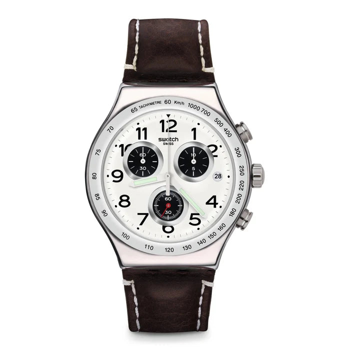 SWATCH YVS432 BROWN LEATHER BAND WHITE DIAL FOR MEN