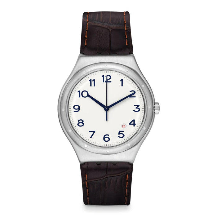 SWATCH YWS416 BROWN LEATHER BAND WHITE DIAL FOR MEN