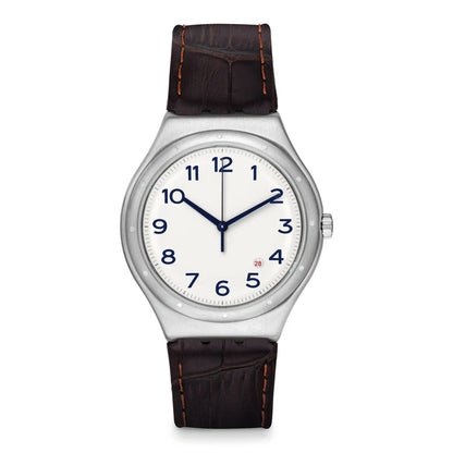 SWATCH YWS416 BROWN LEATHER BAND WHITE DIAL FOR MEN