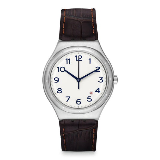 SWATCH YWS416 BROWN LEATHER BAND WHITE DIAL FOR MEN