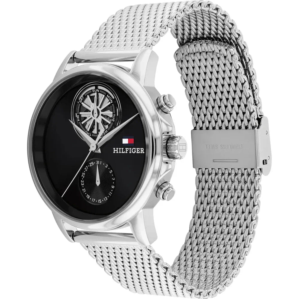 TOMMY HILFIGER 1710749 SILVER STEEL BAND BLACK DIAL  FOR MEN